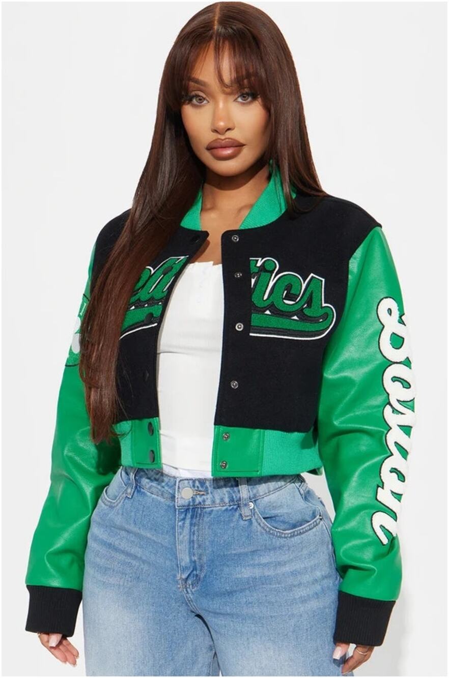 Fashion Nova Boston Celtics Bomber Jacket Womens XS Black Green NBA Varsity Snap